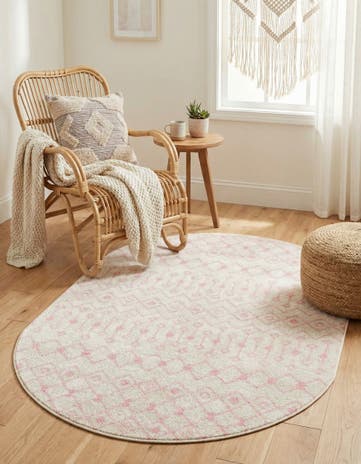 Ivory and Pink Moroccan Trellis Oval Rug