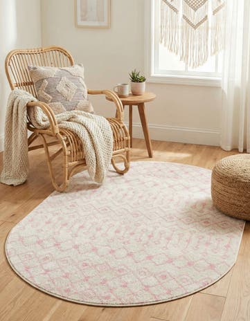 Ivory and Pink Moroccan Trellis Oval Rug