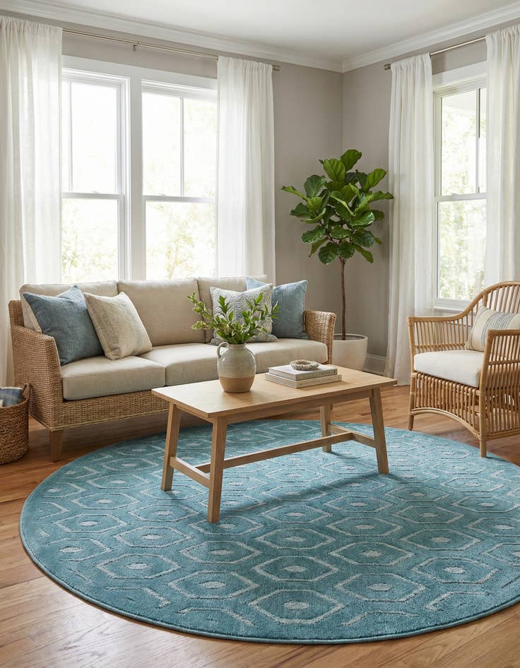 Detail image of 5' 3 x 5' 3  Washable Trellis Textured Indoor / Outdoor Round Rug