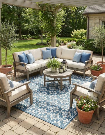 Navy Blue Easy-Clean Lattice Indoor / Outdoor Square Rug