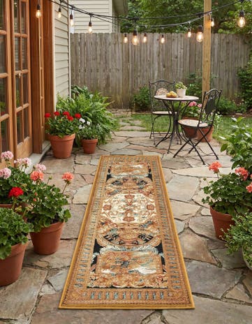 Black Gold Brown Easy-Clean Traditional Indoor / Outdoor Runner Rug