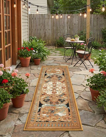 Black Gold Brown Easy-Clean Traditional Indoor / Outdoor Runner Rug