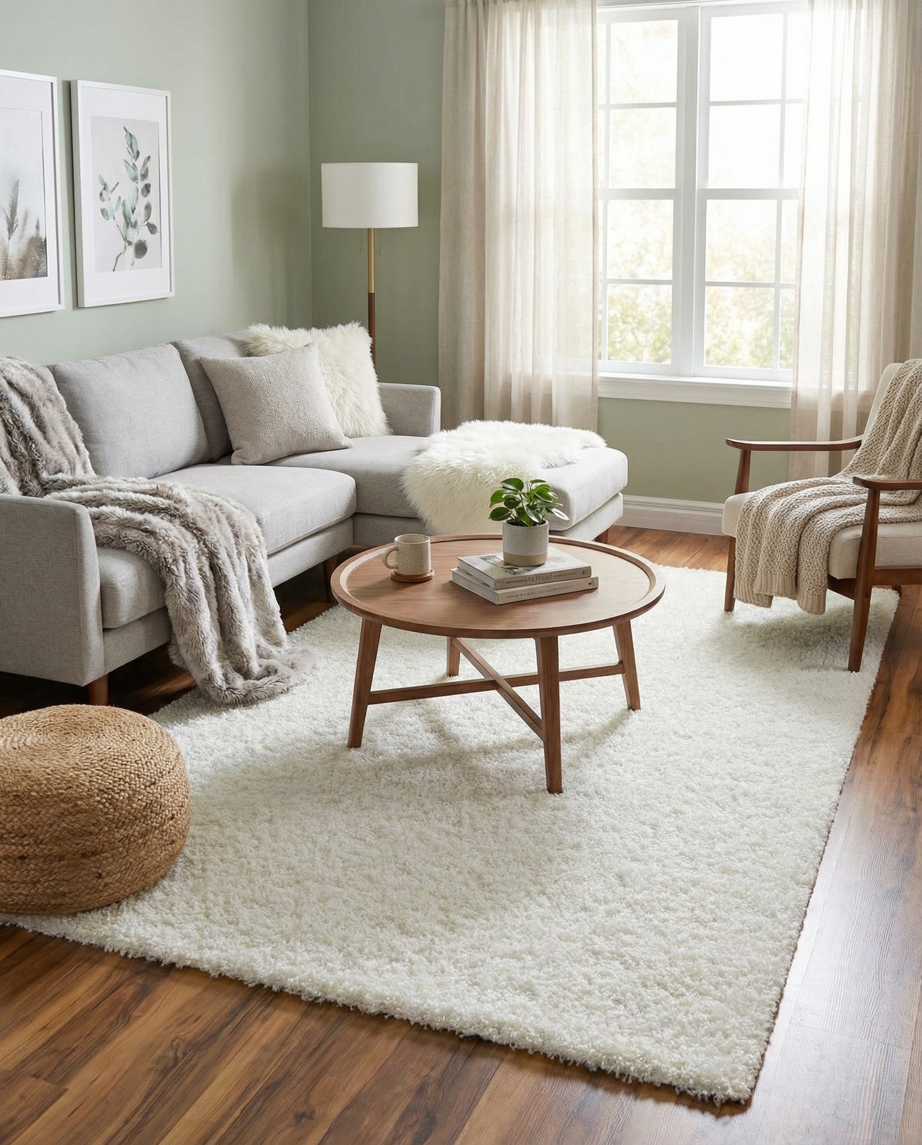 A soft, rectangular 5x8 white shag rug with a textured pile, perfect for a modern living room or bedroom.