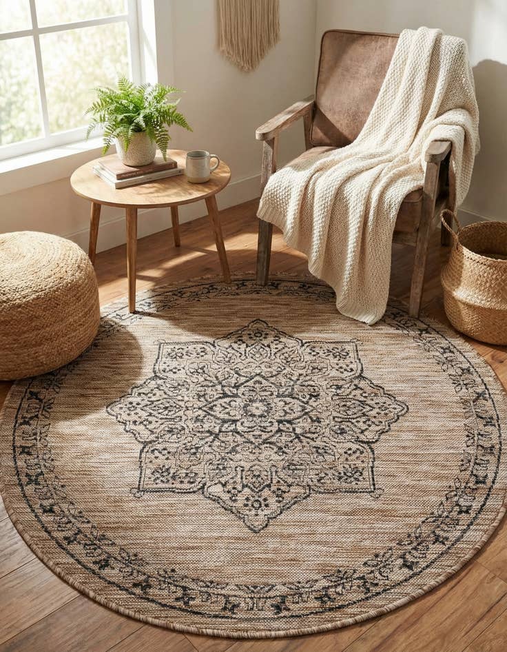Detail image of 4' x 4'  Washable Traditional Indoor / Outdoor Round Rug