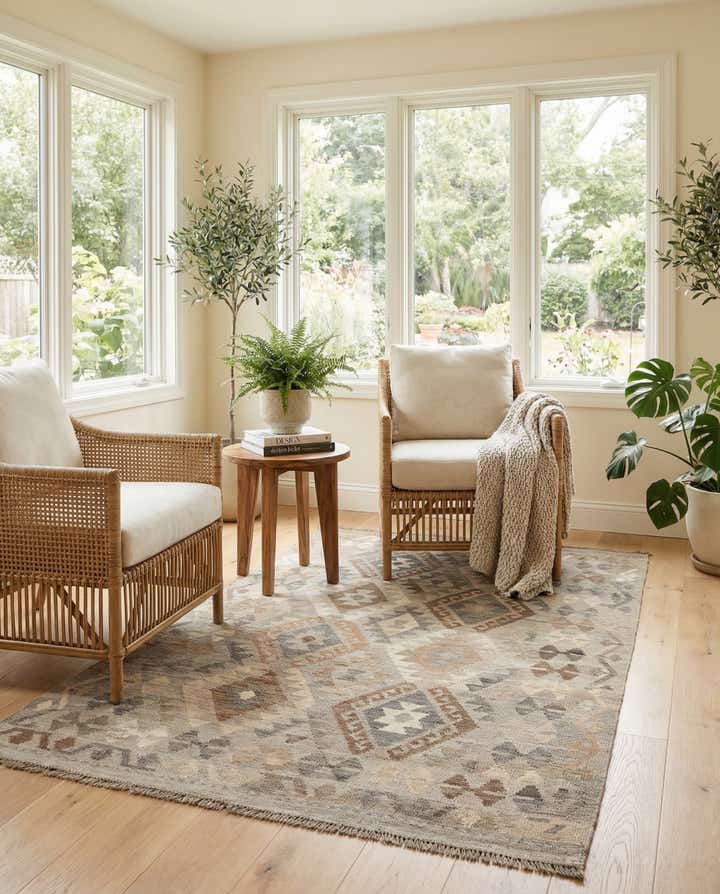 4' 3 x 6' 8 Hand Woven Kilim Maymana Wool Rug