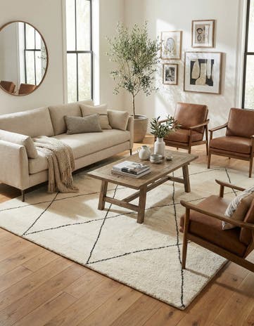 Ivory and Black Hand Knotted Safiya Moroccan Wool Square Rug