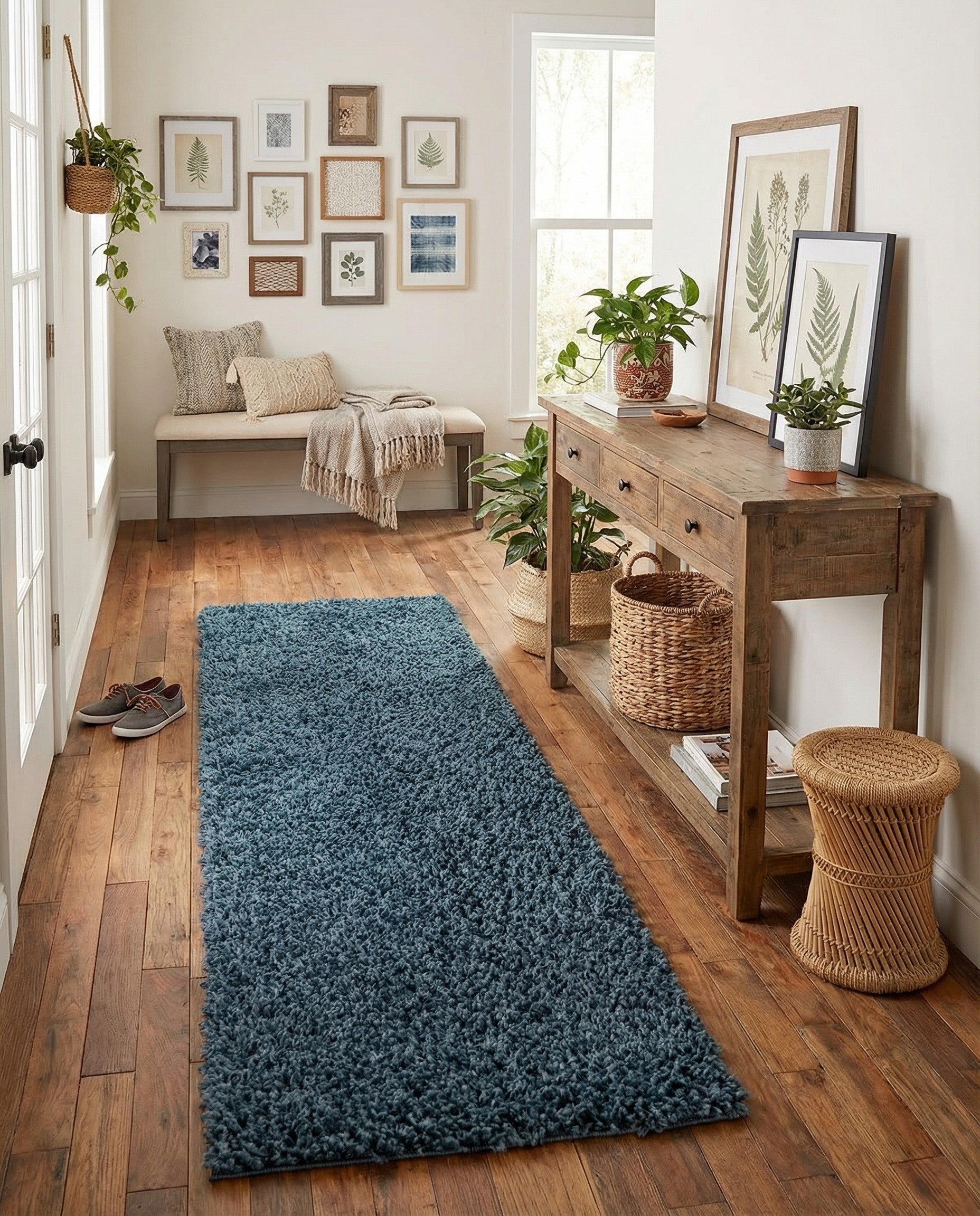 A long, plush 16 ft blue shag runner rug with a textured pile, ideal for a hallway.