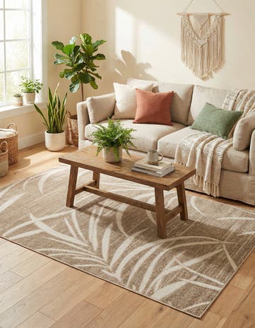 Beige Easy-Clean Botanical Indoor / Outdoor Rug