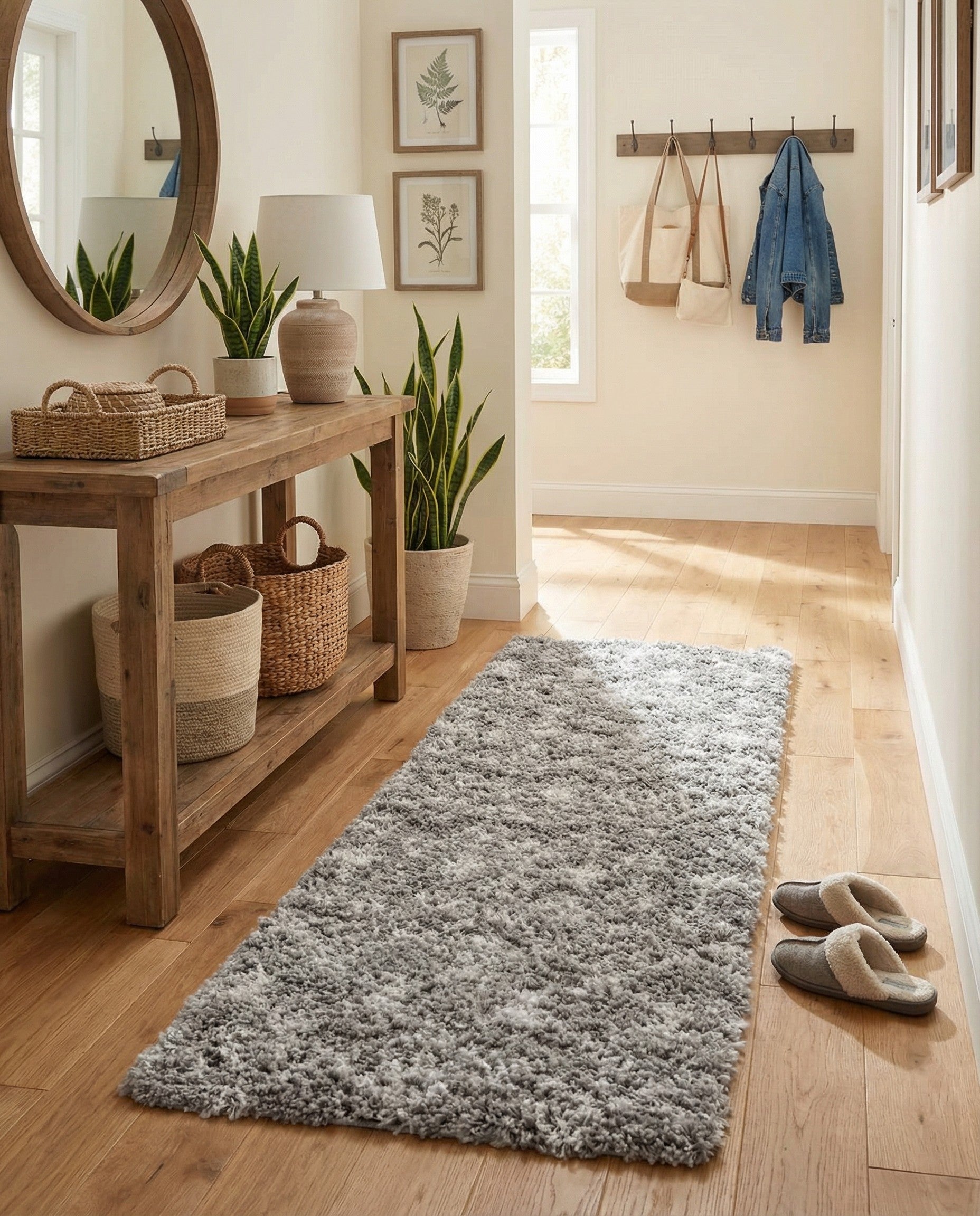 A 7 Ft Runner rug with a gray and off-white tribal pattern, featuring a soft shag pile.