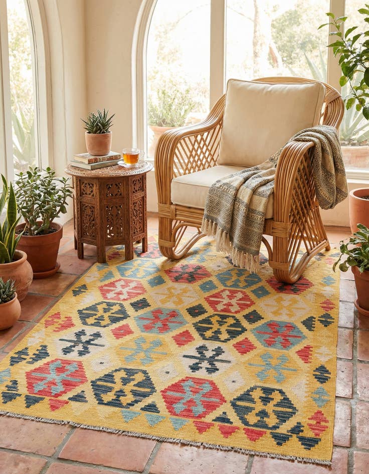 Detail image of 4' 2 x 6'  Hand Woven Kilim Maymana Wool Rug