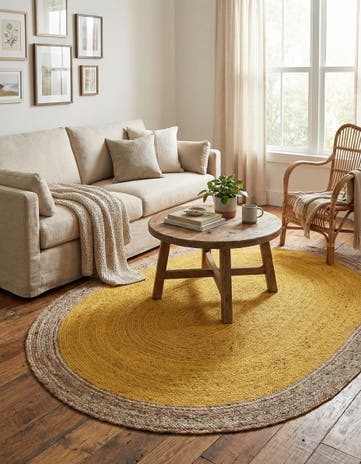 Yellow Handmade Braided Jute Oval Rug