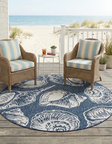 Navy Blue and Ivory Easy-Clean Coastal Indoor / Outdoor Round Rug