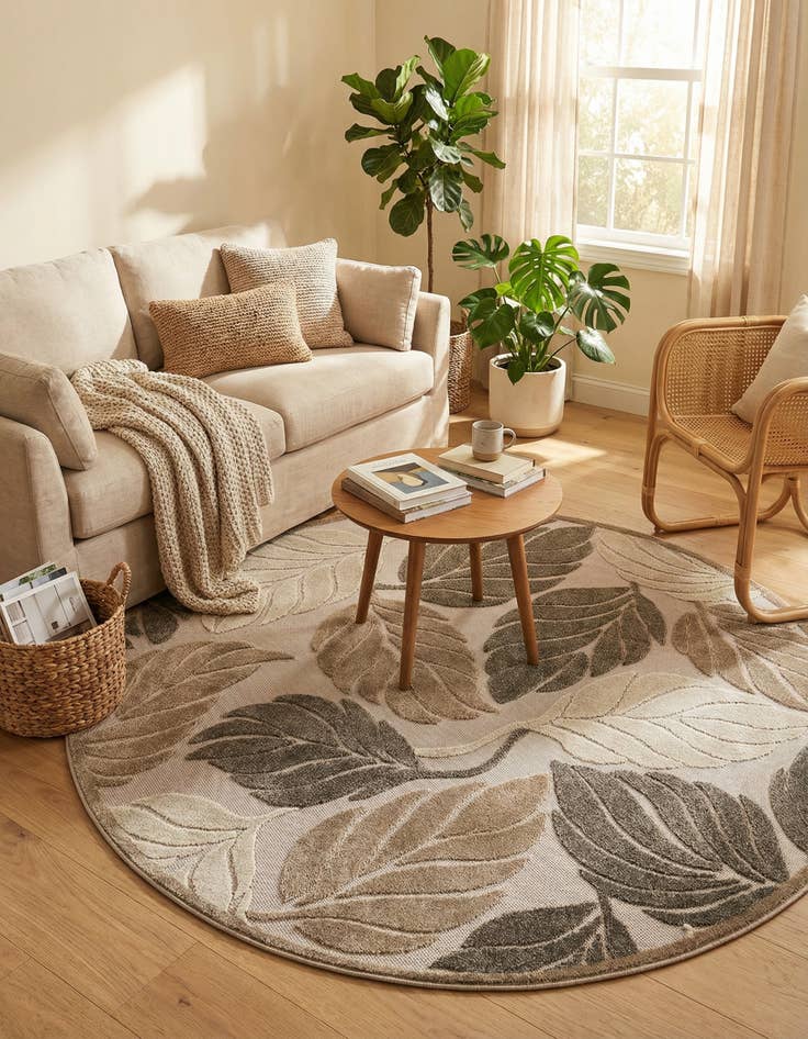 Detail image of 5' 3 x 5' 3  Washable Botanical Indoor / Outdoor Round Rug