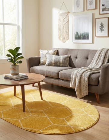 Yellow Lattice Frieze Oval Rug