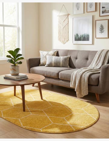 Yellow Lattice Frieze Oval Rug