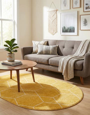 Yellow Lattice Frieze Oval Rug