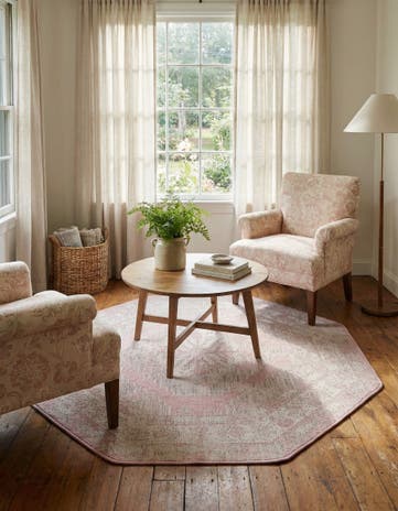 Pink Easy-Clean Traditional Indoor / Outdoor Octagon Rug