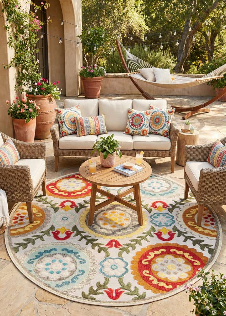 7' 10 x 7' 10 Easy-Clean Casablanca Indoor / Outdoor Round Rug