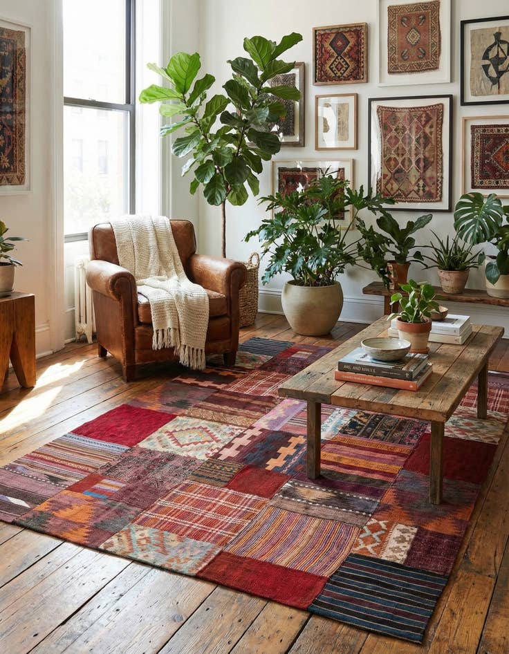 Detail image of 5' 7 x 8'  Hand Woven Kilim Patchwork Wool Rug