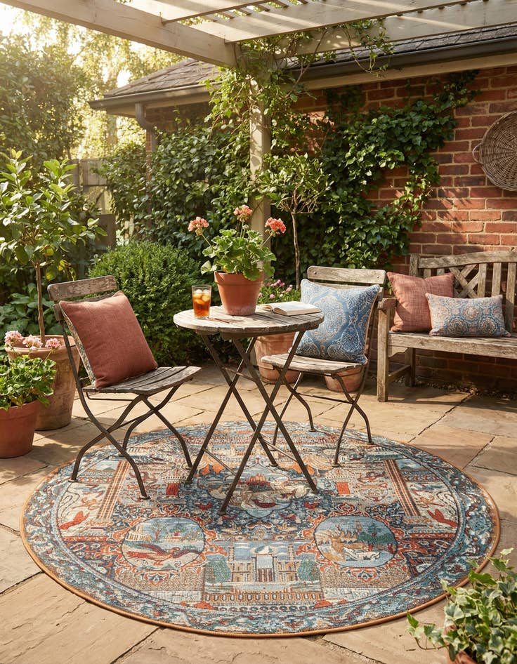 Detail image of 5' 3 x 5' 3  Washable Traditional Indoor / Outdoor Round Rug