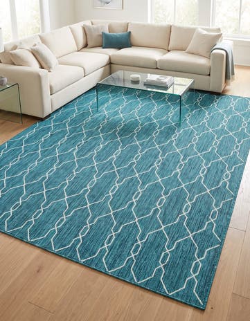 Teal Easy-Clean Lattice Indoor / Outdoor Rug