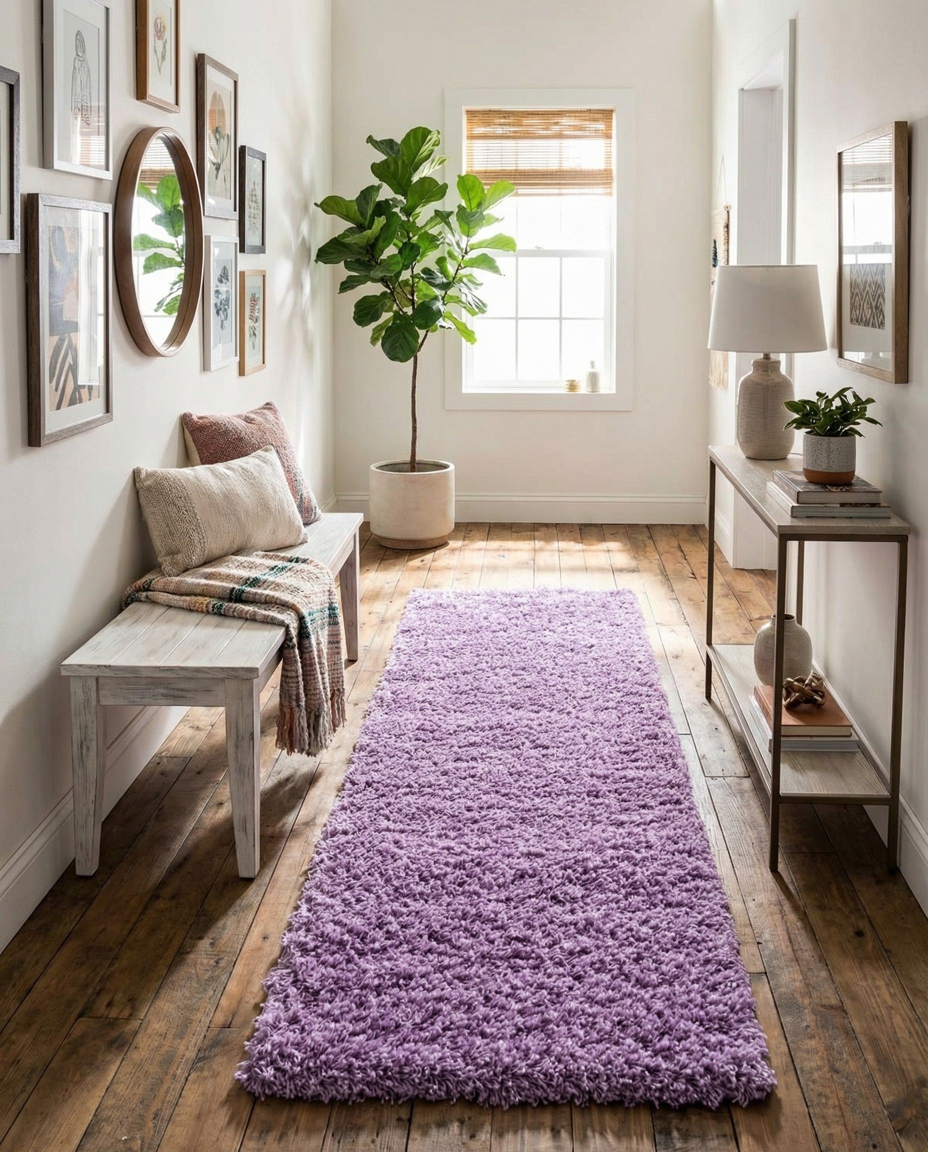A soft, plush 10 Ft runner rug in a solid lavender purple color, perfect for a hallway.