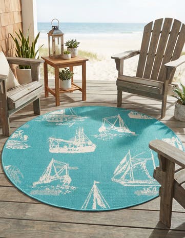 Teal Easy-Clean Coastal Indoor / Outdoor Round Rug