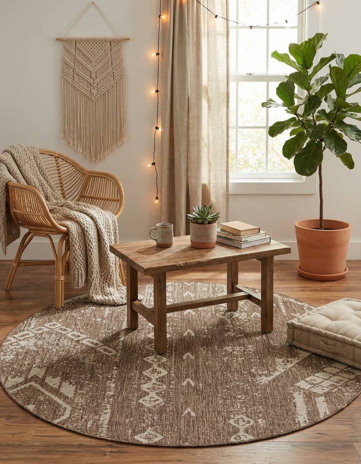 Detail image of 6' x 6'  Washable Bohemian Indoor / Outdoor Round Rug