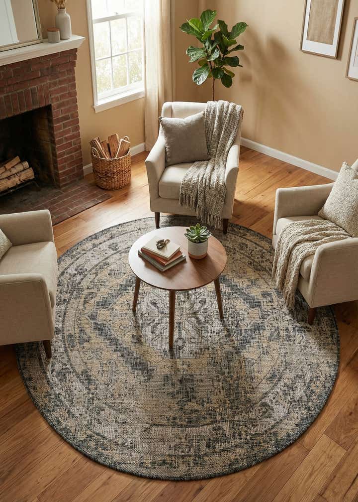 5' 3 x 5' 3 Easy-Clean Traditional Indoor / Outdoor Round Rug