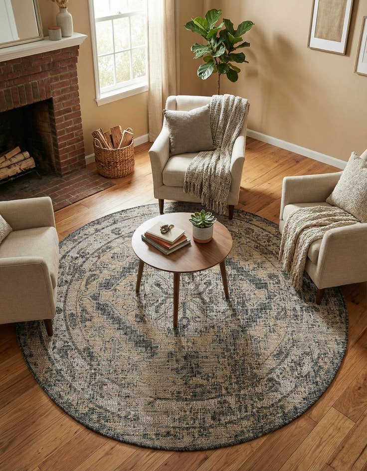 Detail image of 5' 3 x 5' 3  Washable Traditional Indoor / Outdoor Round Rug