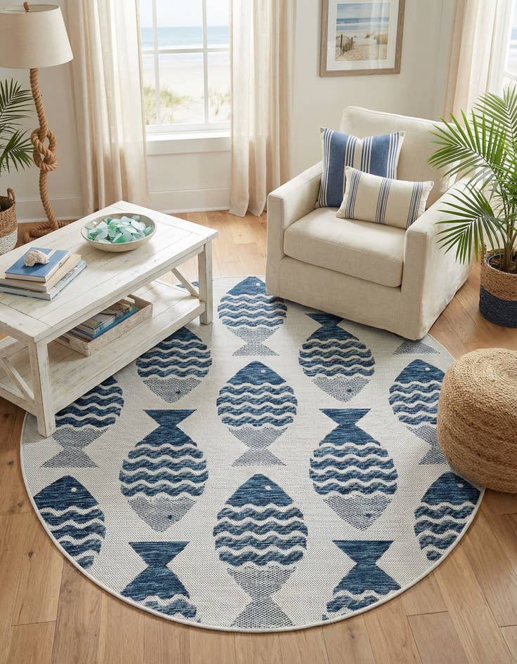 Detail image of 5' 3 x 5' 3  Washable Coastal Indoor / Outdoor Round Rug