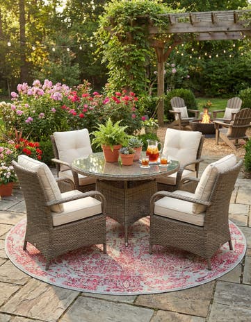 Light Blue Easy-Clean Botanical Indoor / Outdoor Round Rug