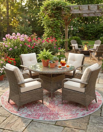 Light Blue Easy-Clean Botanical Indoor / Outdoor Round Rug