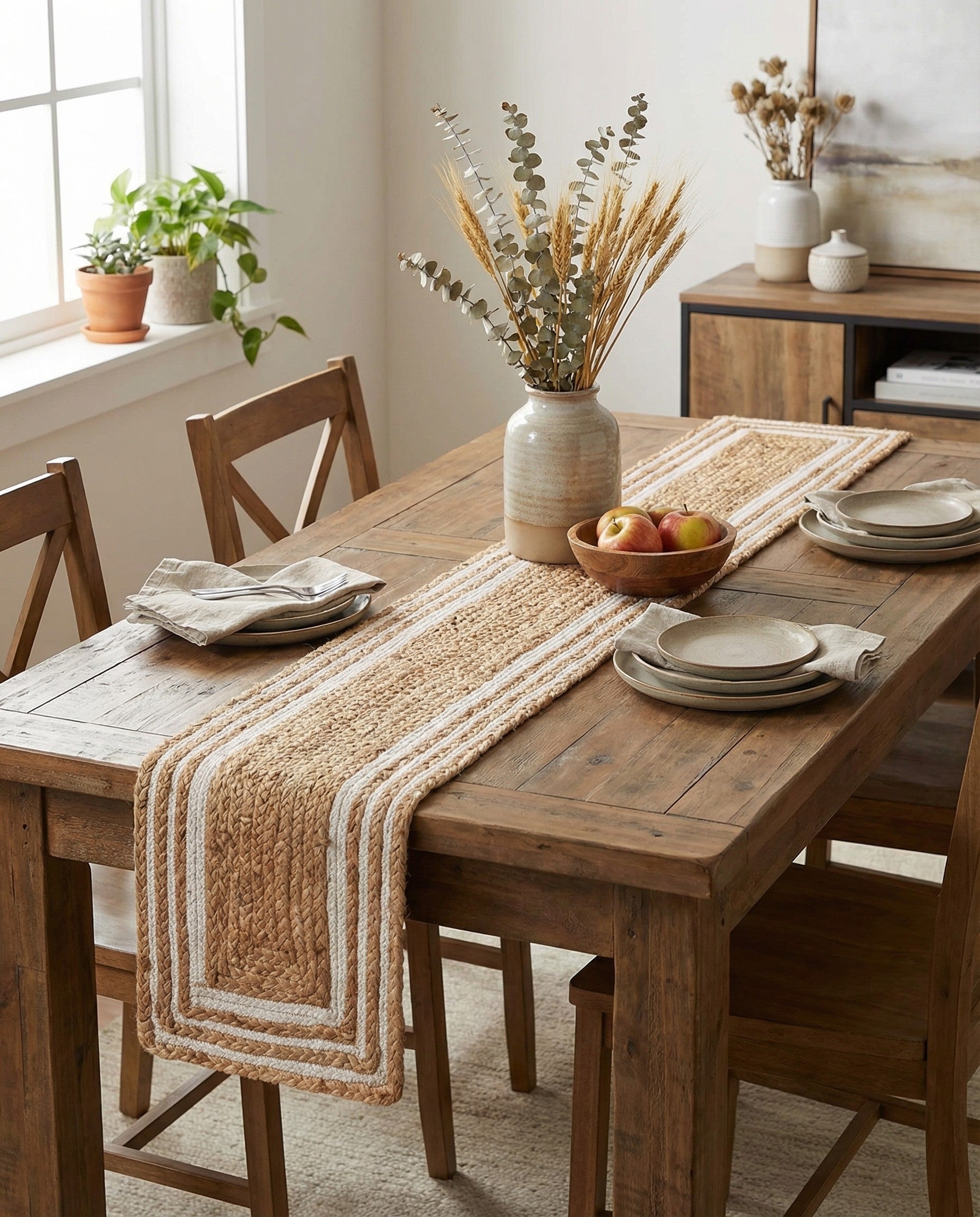 A 1' 2 x 5' 1 Braided Jute runner rug with natural brown and cream stripes, perfect for a table or hallway.