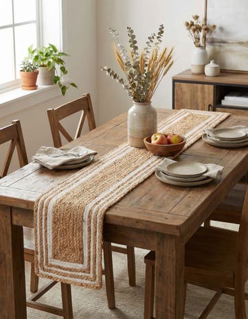 Natural and White Handmade Braided Jute Table Runner Rug