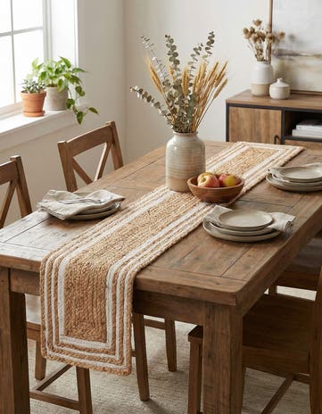 Natural and White Handmade Braided Jute Table Runner Rug