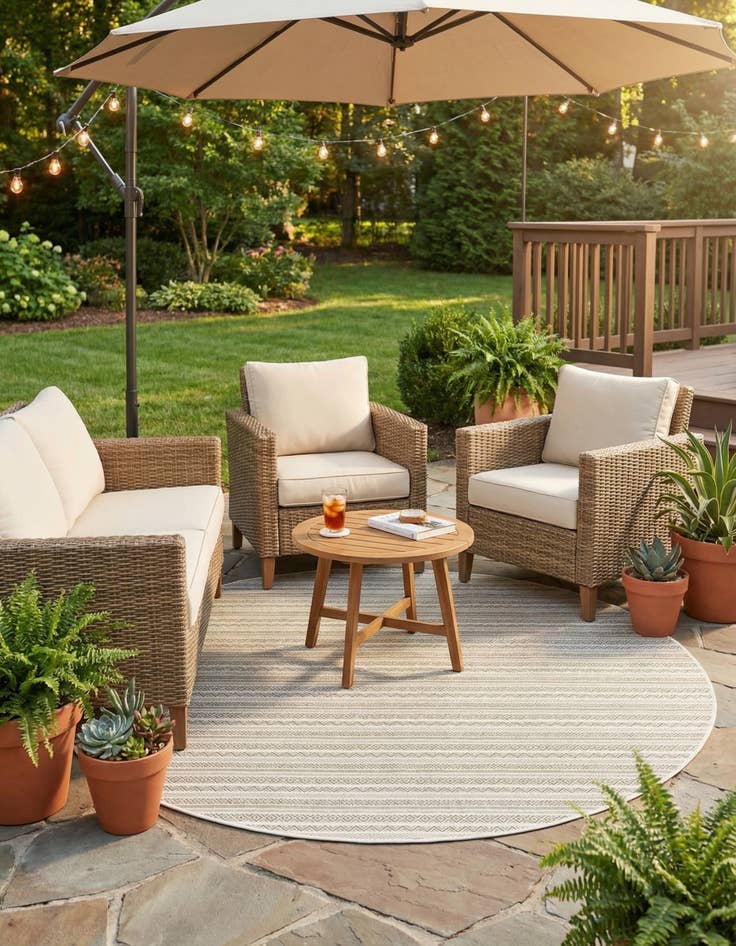 Detail image of 10' x 10'  Washable Striped Indoor / Outdoor Round Rug