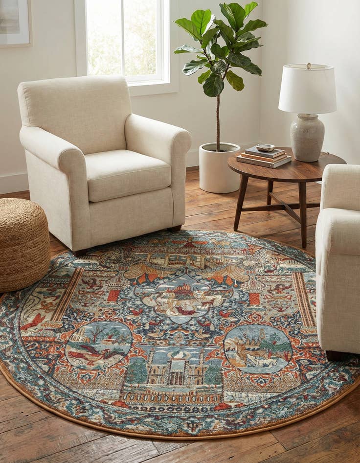 Detail image of 5' 3 x 5' 3  Washable Traditional Indoor / Outdoor Round Rug