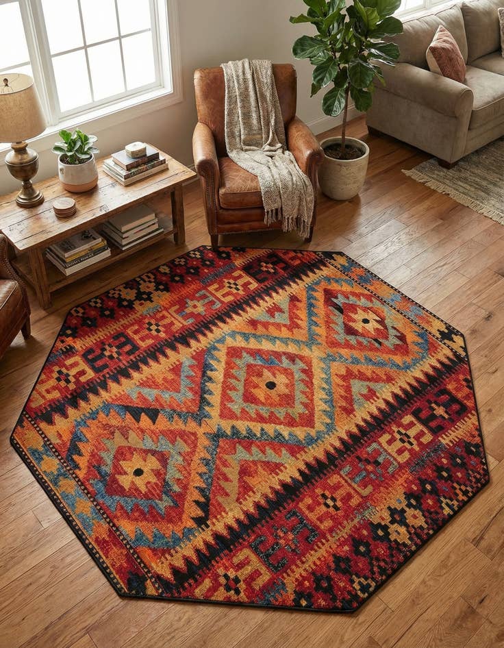 Detail image of 7' x 7'  Washable Tribal Indoor / Outdoor Octagon Rug