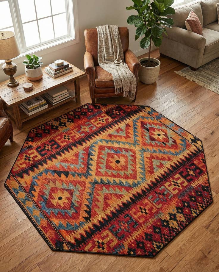 Detail image of 7' x 7' Easy-Clean Tribal Indoor / Outdoor Octagon Rug