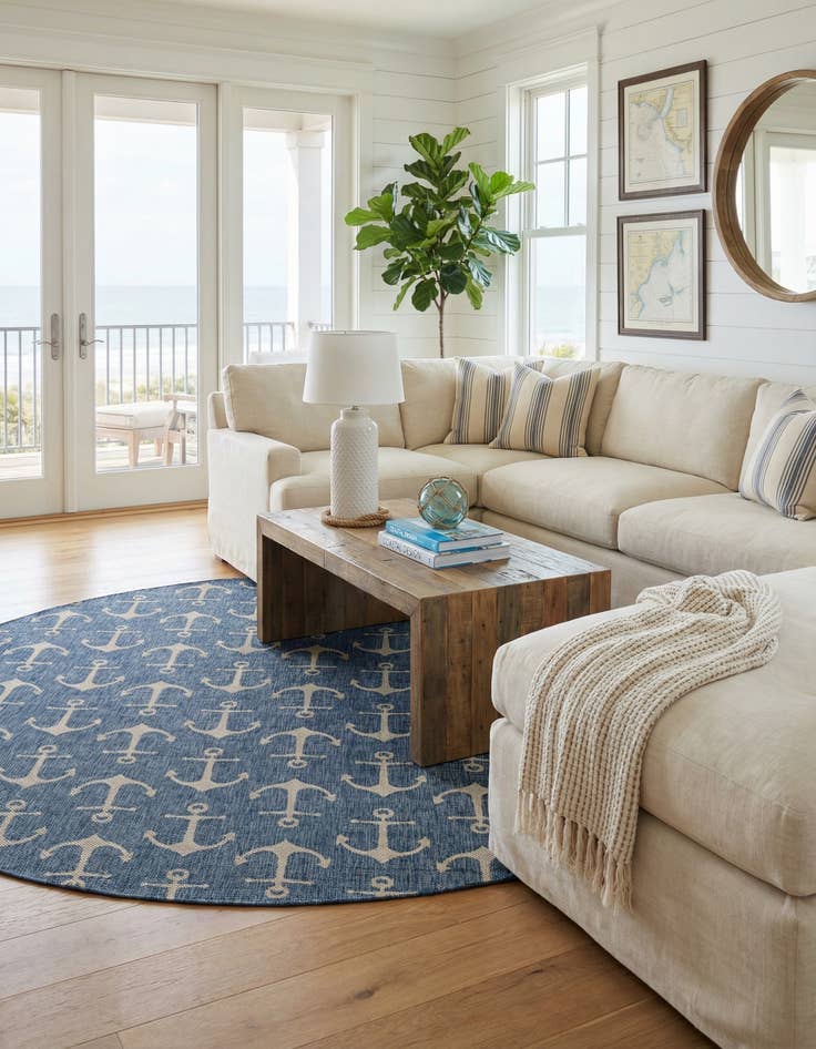 Detail image of 13' x 13'  Washable Coastal Indoor / Outdoor Round Rug