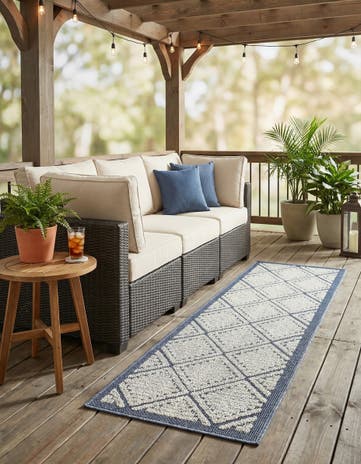 Navy Blue Easy-Clean Lattice Indoor / Outdoor Runner Rug