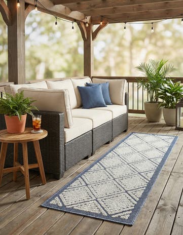Navy Blue Easy-Clean Lattice Indoor / Outdoor Runner Rug