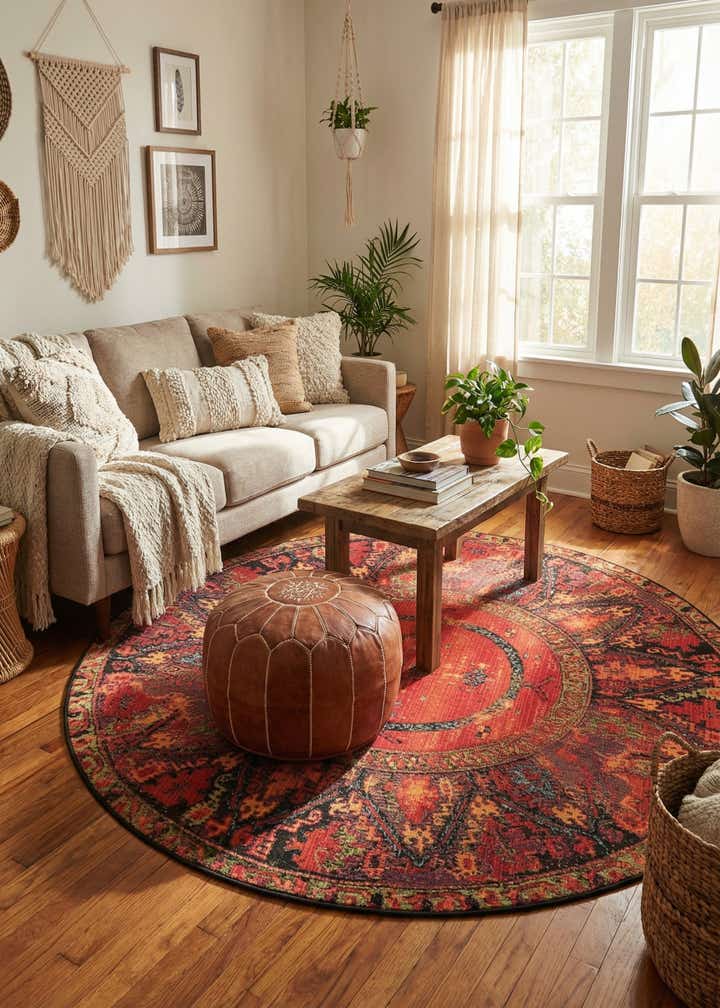 5' x 5' Easy-Clean Tribal Indoor / Outdoor Round Rug