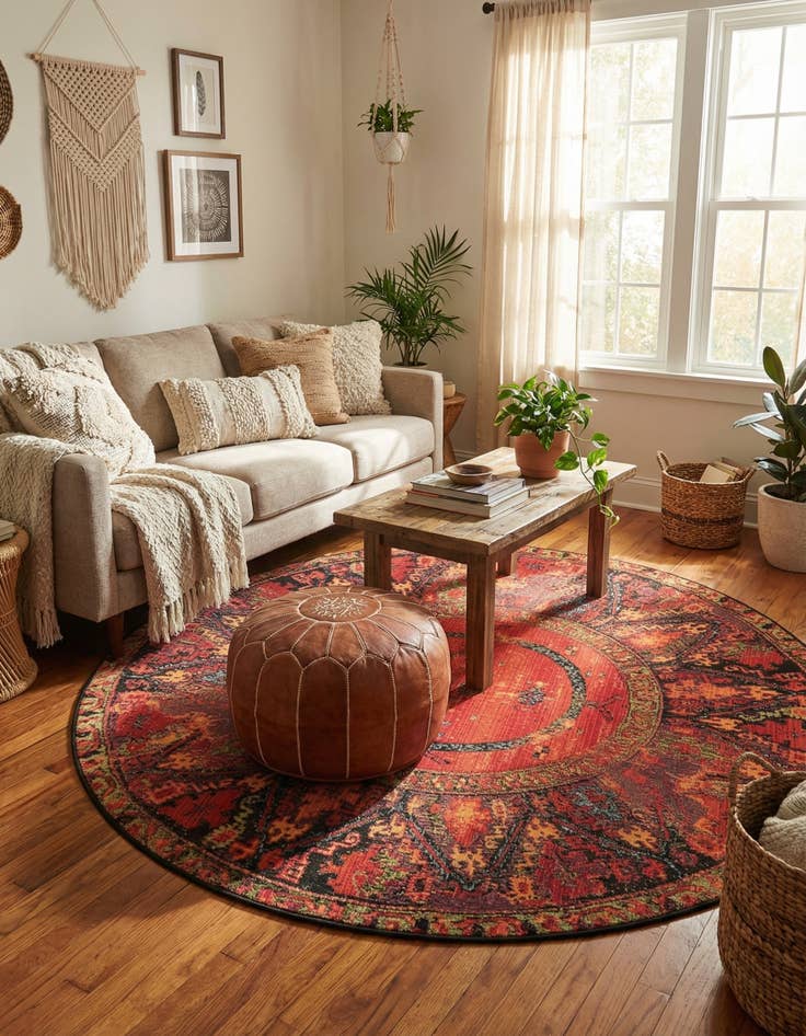 Detail image of 5' x 5' Easy-Clean Tribal Indoor / Outdoor Round Rug
