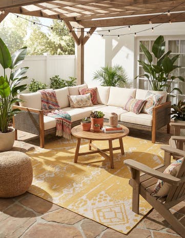 Yellow Easy-Clean Bohemian Indoor / Outdoor Square Rug