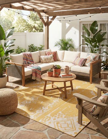 Yellow Easy-Clean Bohemian Indoor / Outdoor Square Rug
