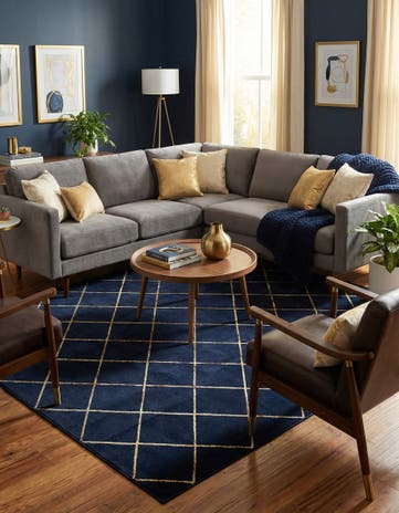 Navy Blue and Gold Vogue Geo Square Rug