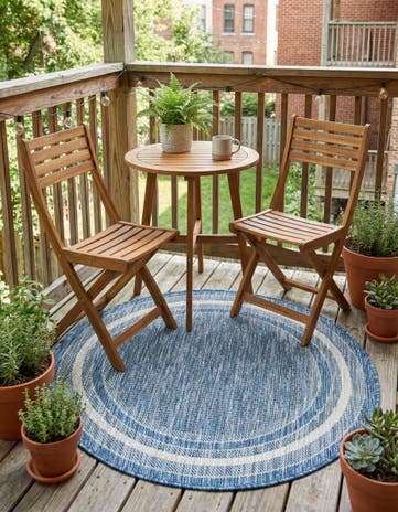 Blue Easy-Clean Border Indoor / Outdoor Round Rug