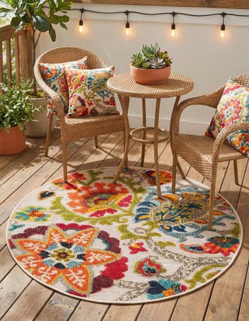 Multi Beige Easy-Clean Casablanca Indoor / Outdoor Round Rug